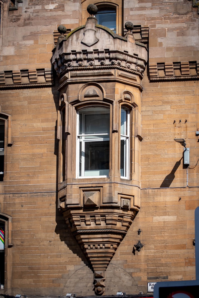 Oriel Window On The Scots Baronial Flemish Victoria Buildings In Glasgow. Built 1858 60 To Designs By Edinburgh Architect J.A. Bell, Cornerrenfield And West Regent Streets. image