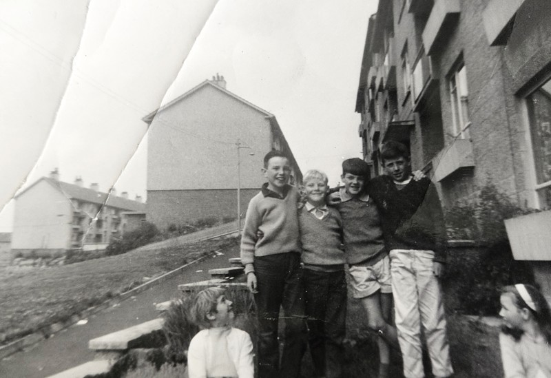 Jean's Younger Brother George, Back Right, With Wee Sister Front Left, And Pals Front Garden Of House In Carolside Drive, Drumchapel. Courtesy Of Respondent Jean Campbell image